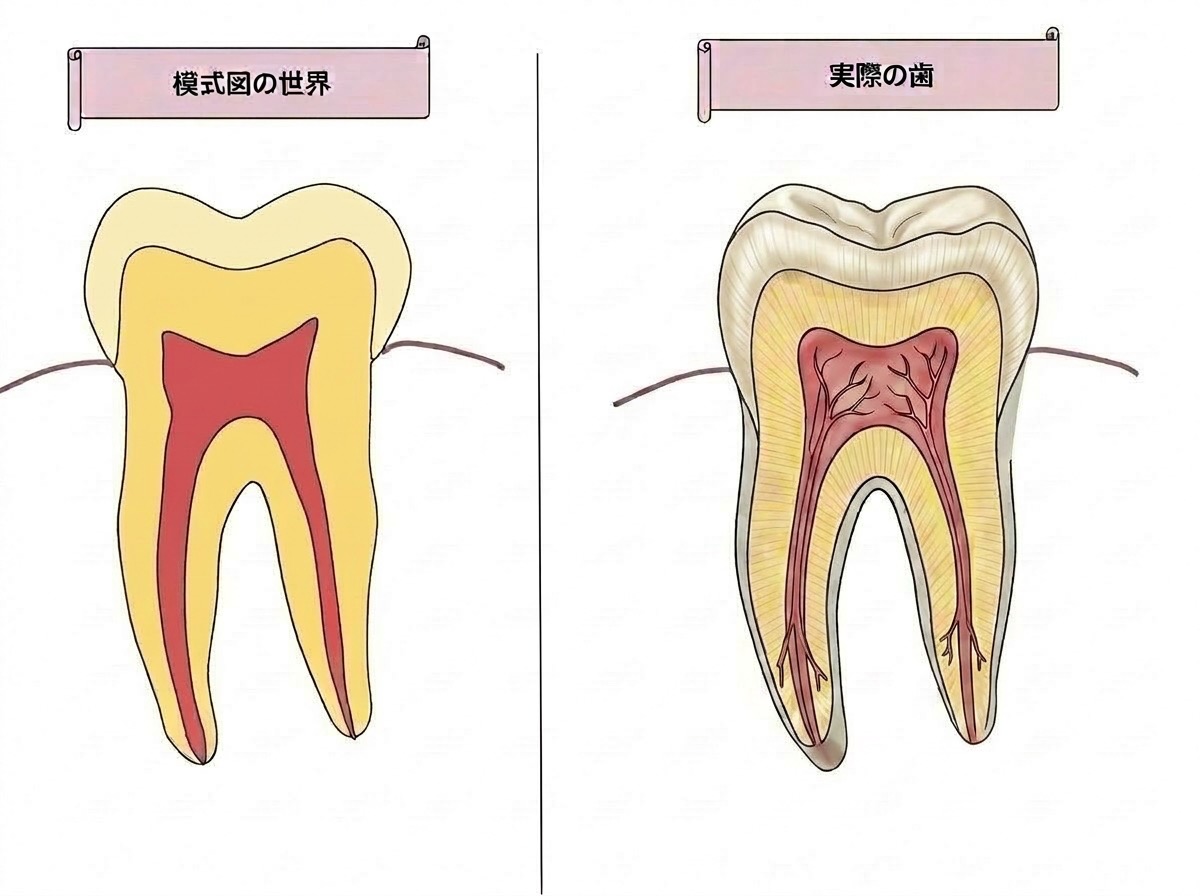 模式図の歯と実際の歯の根管内部構造の比較