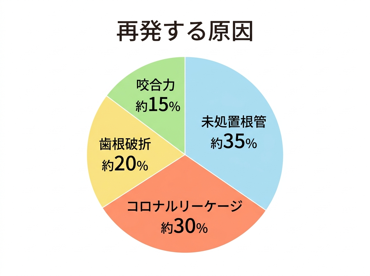 再発する原因の円グラフ：未処置根管35%、コロナルリーケージ30%、歯根破折20%、咬合力15%