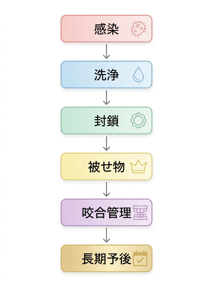 感染→洗浄→封鎖→被せ物→咬合管理→長期予後のフローチャート